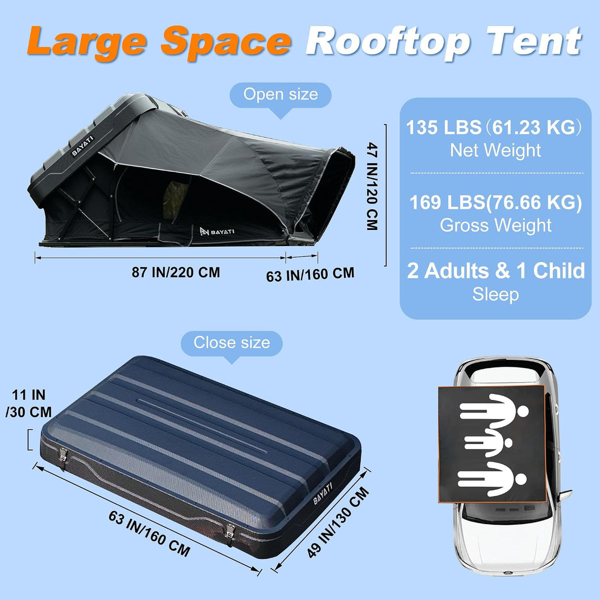 Rooftop Tent Hard Shell, Easy Set up Pop up Tent for 2-4 Person