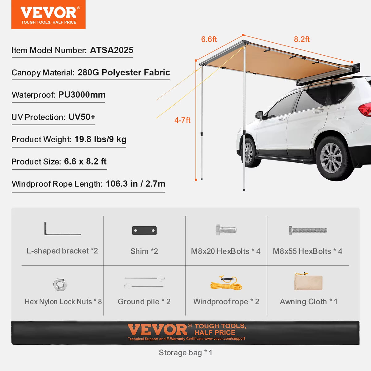 Succebuy Vehicle Awning Retractable Car Side Awning Car Awning with Waterproof Storage Bag Suitable for Truck SUV Van Campers