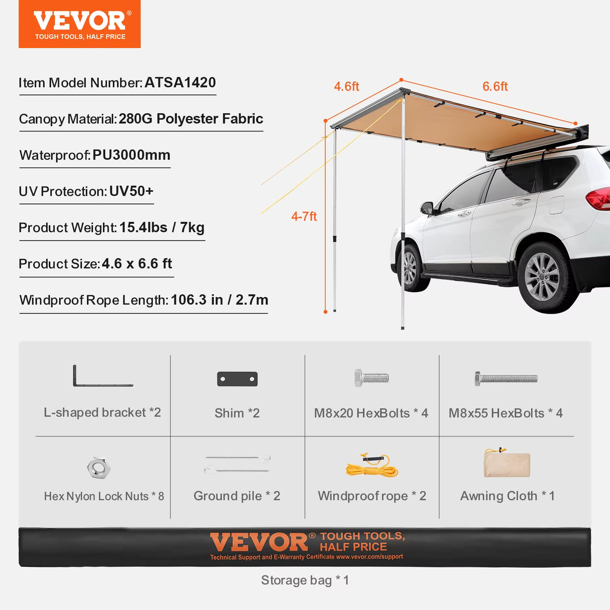 Succebuy Vehicle Awning Retractable Car Side Awning Car Awning with Waterproof Storage Bag Suitable for Truck SUV Van Campers