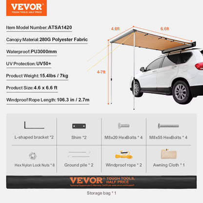 Succebuy Vehicle Awning Retractable Car Side Awning Car Awning with Waterproof Storage Bag Suitable for Truck SUV Van Campers