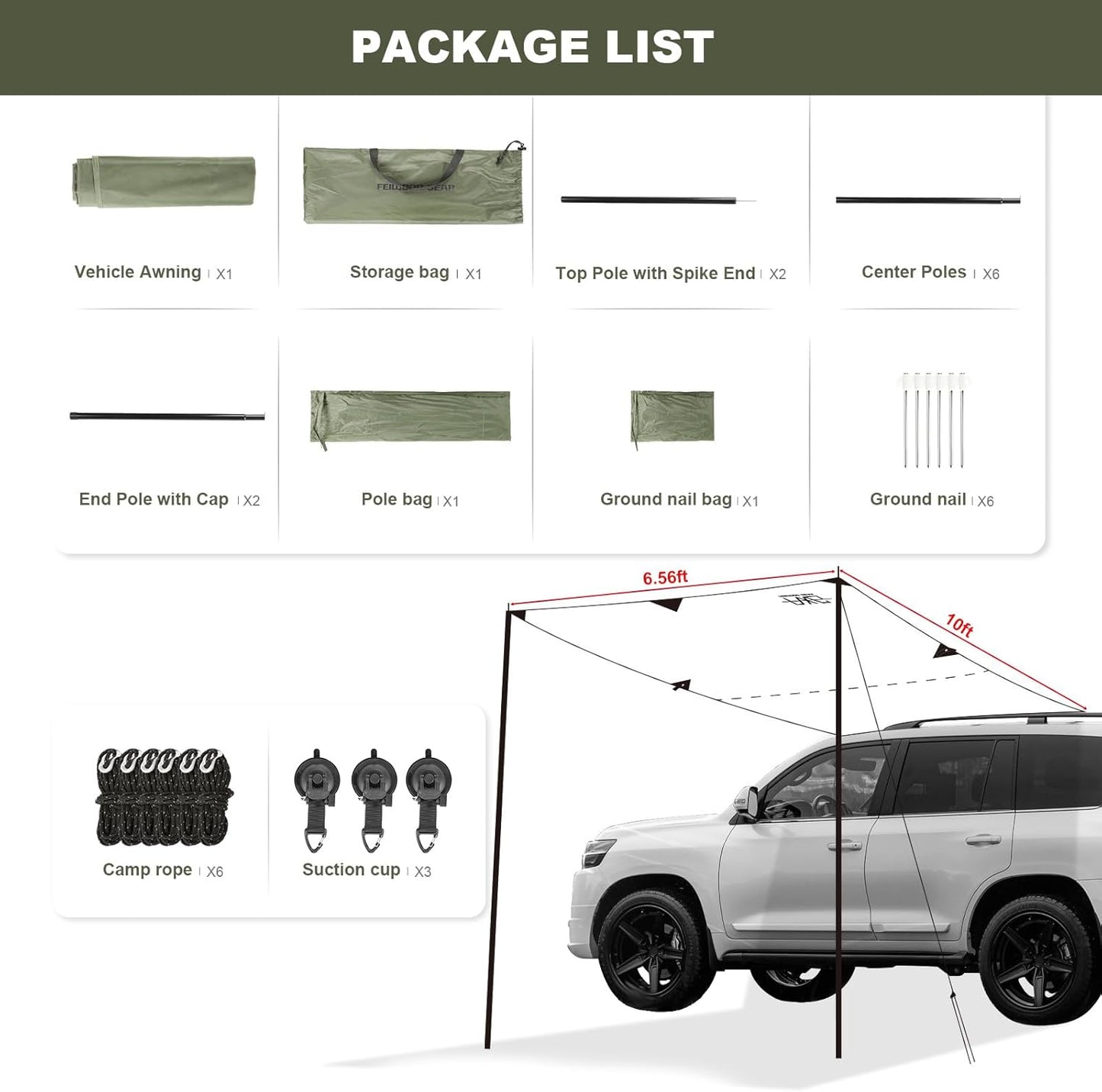 10 X 6.6Ft Car Awning for SUV Van Needn'T Roof Rack Hardwares Car Awning Waterproof UV50+