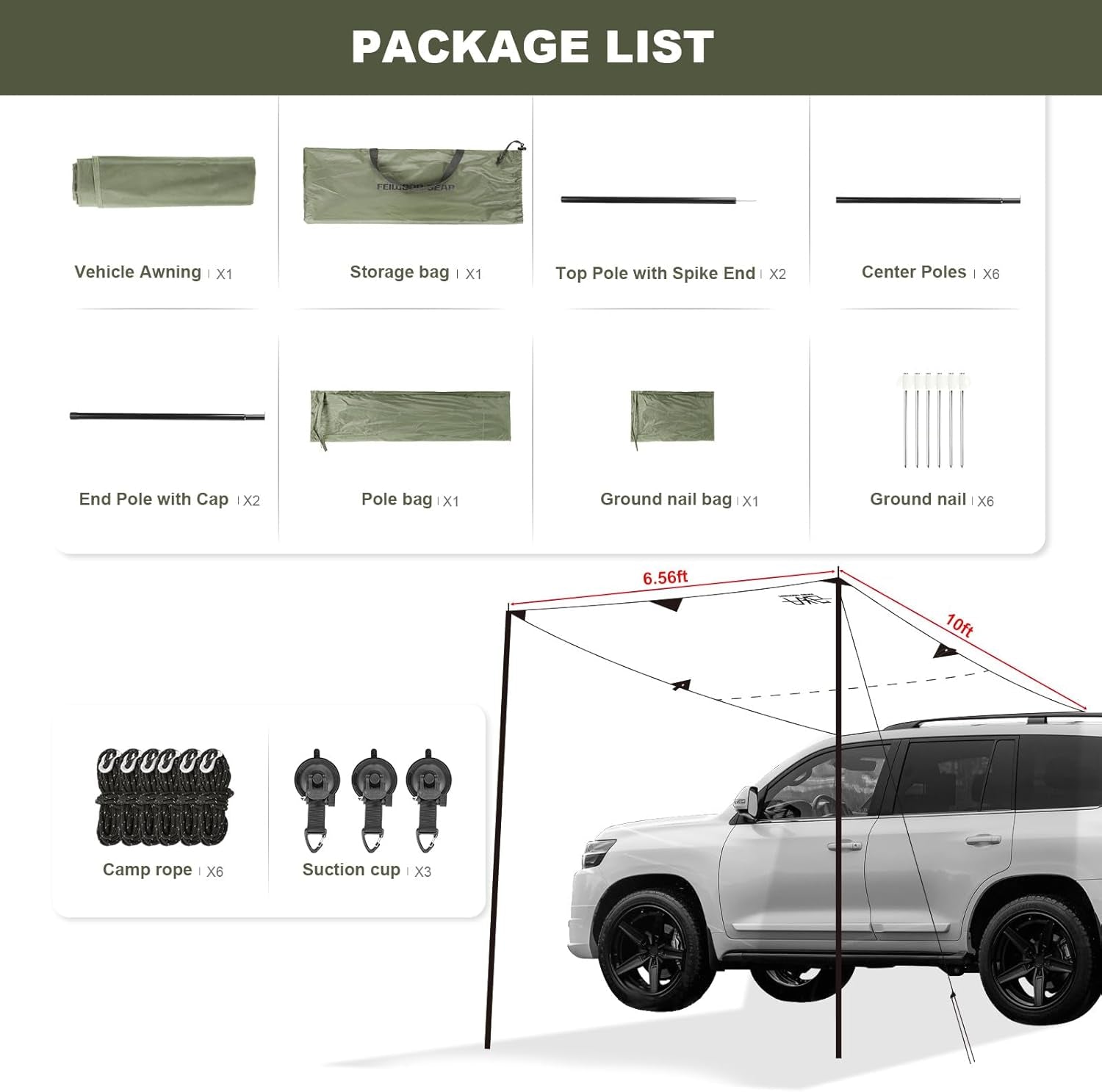 10 X 6.6Ft Car Awning for SUV Van Needn'T Roof Rack Hardwares Car Awning Waterproof UV50+