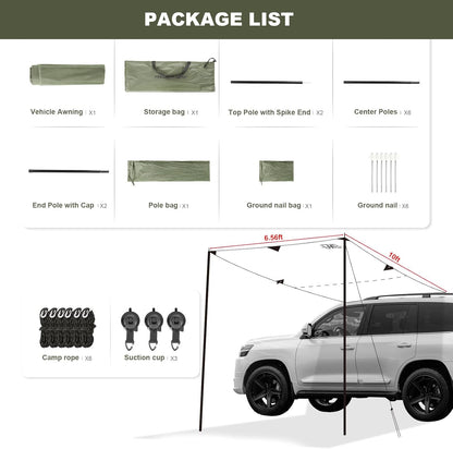 10 X 6.6Ft Car Awning for SUV Van Needn'T Roof Rack Hardwares Car Awning Waterproof UV50+