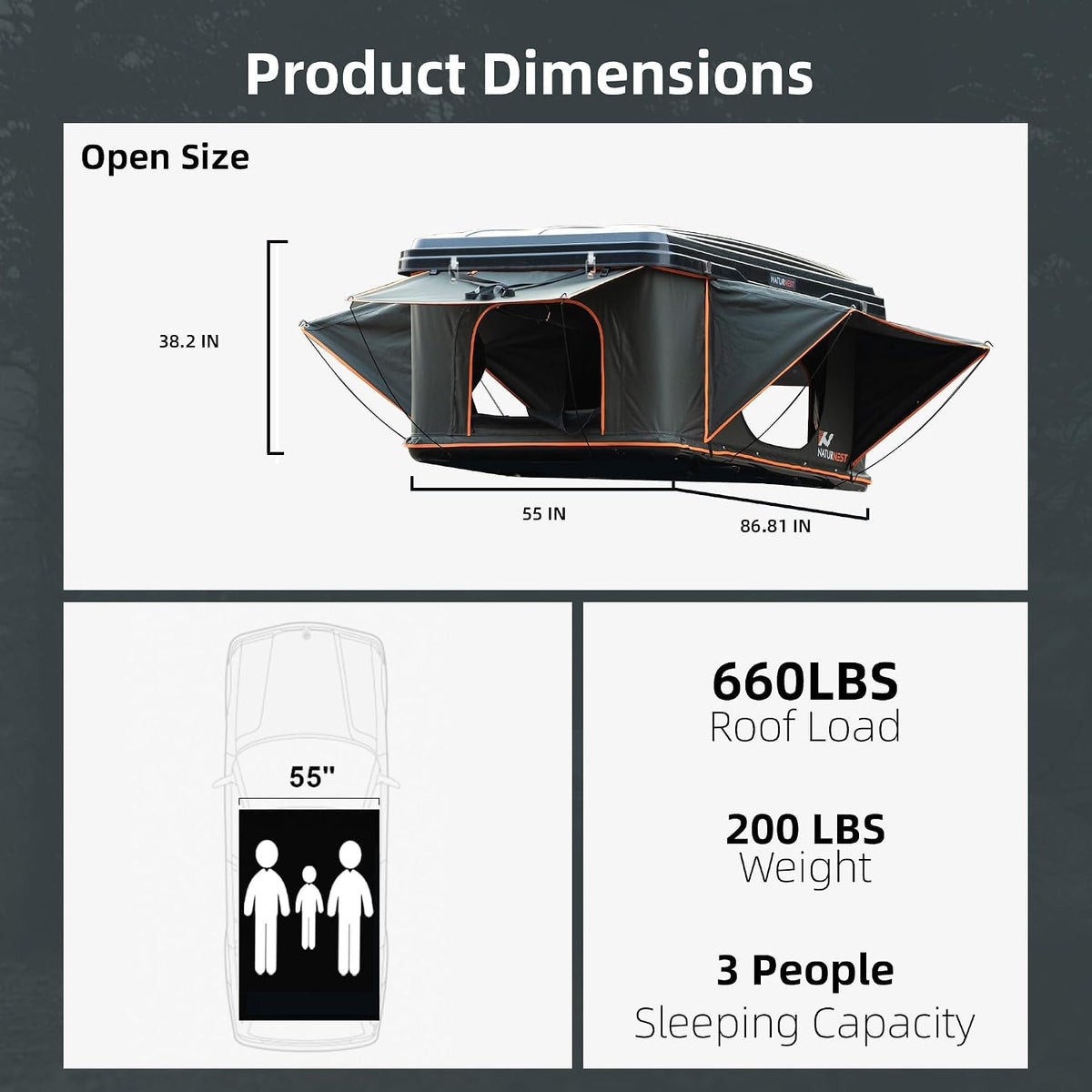 Naturnest Rooftop Tent Hard Shell, Great View and Ventilation Tent for 2 Person Camping, Waterproof Uv-Resistant Blackout Privacy 4 Season Tent for Truck, Jeep, SUV, Van, Trailer - Orion 1