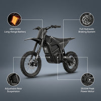 IN10 Electric Dirt Bike, 2600W 40MPH Electric-Motorcycle with 48V/23AH Battery Ebike, Full Hydraulic Brakes and Suspensions Mountain Off-Road E Dirt Bike, for Teens & Adults (Shadow Black) — infographic