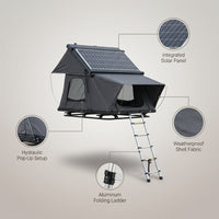 Rooftop Tent Hard Shell,Solar Panel Roof Top Tent Hardshell, Pop up Rooftop Camping for Jeep Truck Car SUV Van Wrangler. — infographic