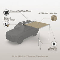 Vehicle Awning 6.6Ft X 8.2Ft - Roof Rack Pull Out Side Awning 54Ft² Sun Shade UPF50+ Weatherproof for Camping Car SUV Truck Van — infographic