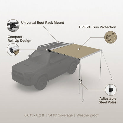 Vehicle Awning 6.6Ft X 8.2Ft - Roof Rack Pull Out Side Awning 54Ft² Sun Shade UPF50+ Weatherproof for Camping Car SUV Truck Van — infographic
