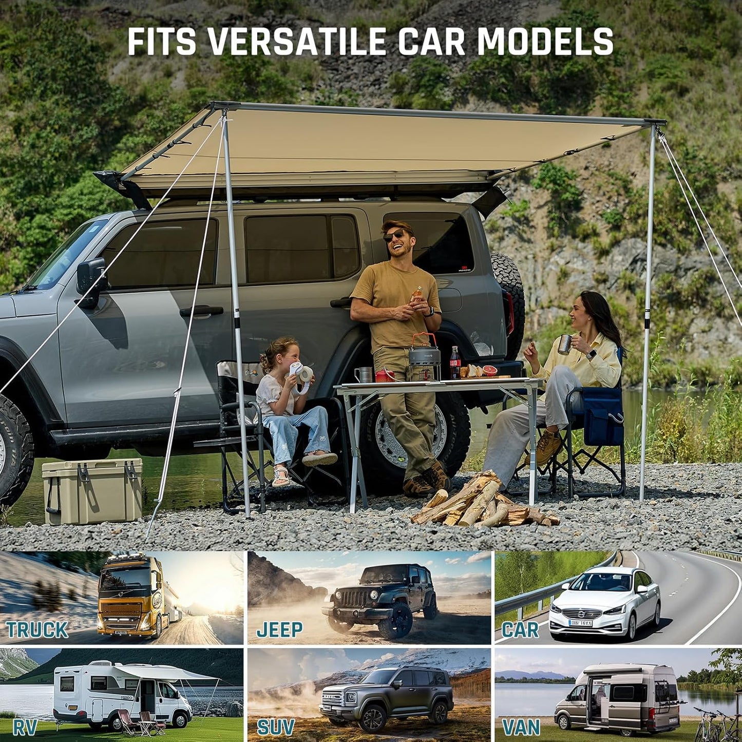 Vehicle Awning 8.2'×8.2' Roof Rack Pull-Out Sun Shade with UV Protection and Waterproof Pu1000Mm, Retractable Easy up Camper Awning, Jeep/Suv/Truck/Van/Rv Awning for Camping and Overland