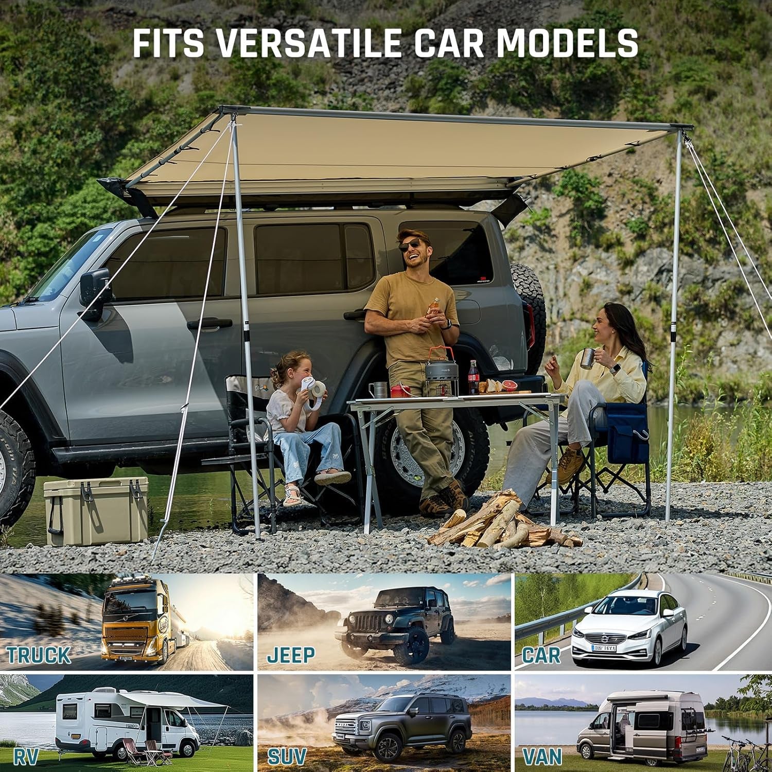 Vehicle Awning 8.2'×8.2' Roof Rack Pull-Out Sun Shade with UV Protection and Waterproof Pu1000Mm, Retractable Easy up Camper Awning, Jeep/Suv/Truck/Van/Rv Awning for Camping and Overland