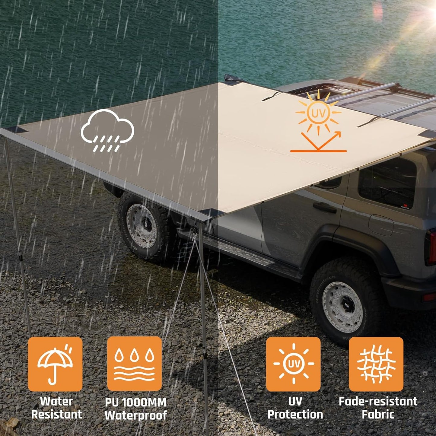 Vehicle Awning 8.2'×8.2' Roof Rack Pull-Out Sun Shade with UV Protection and Waterproof Pu1000Mm, Retractable Easy up Camper Awning, Jeep/Suv/Truck/Van/Rv Awning for Camping and Overland