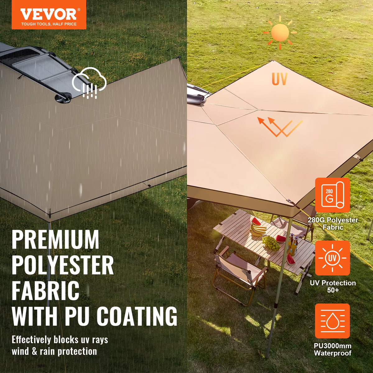 Succebuy Vehicle Awning Retractable Car Side Awning Car Awning with Waterproof Storage Bag Suitable for Truck SUV Van Campers