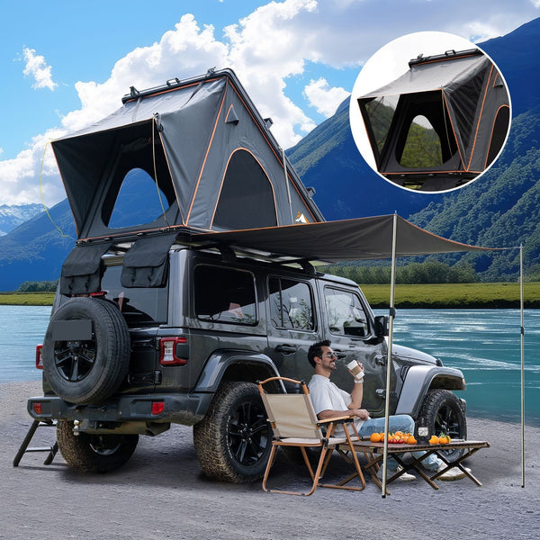 Explorer Plus Rooftop Tent Hardshell with Side Awning, Air Conditioner Outlet with Bracket, Luggage Racks & Replaceable Netting Rain Curtain, Pop Up Roof Top Tent
