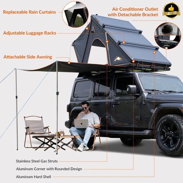 Explorer Plus Rooftop Tent Hardshell with Side Awning, Air Conditioner Outlet with Bracket, Luggage Racks & Replaceable Netting Rain Curtain, Pop Up Roof Top Tent