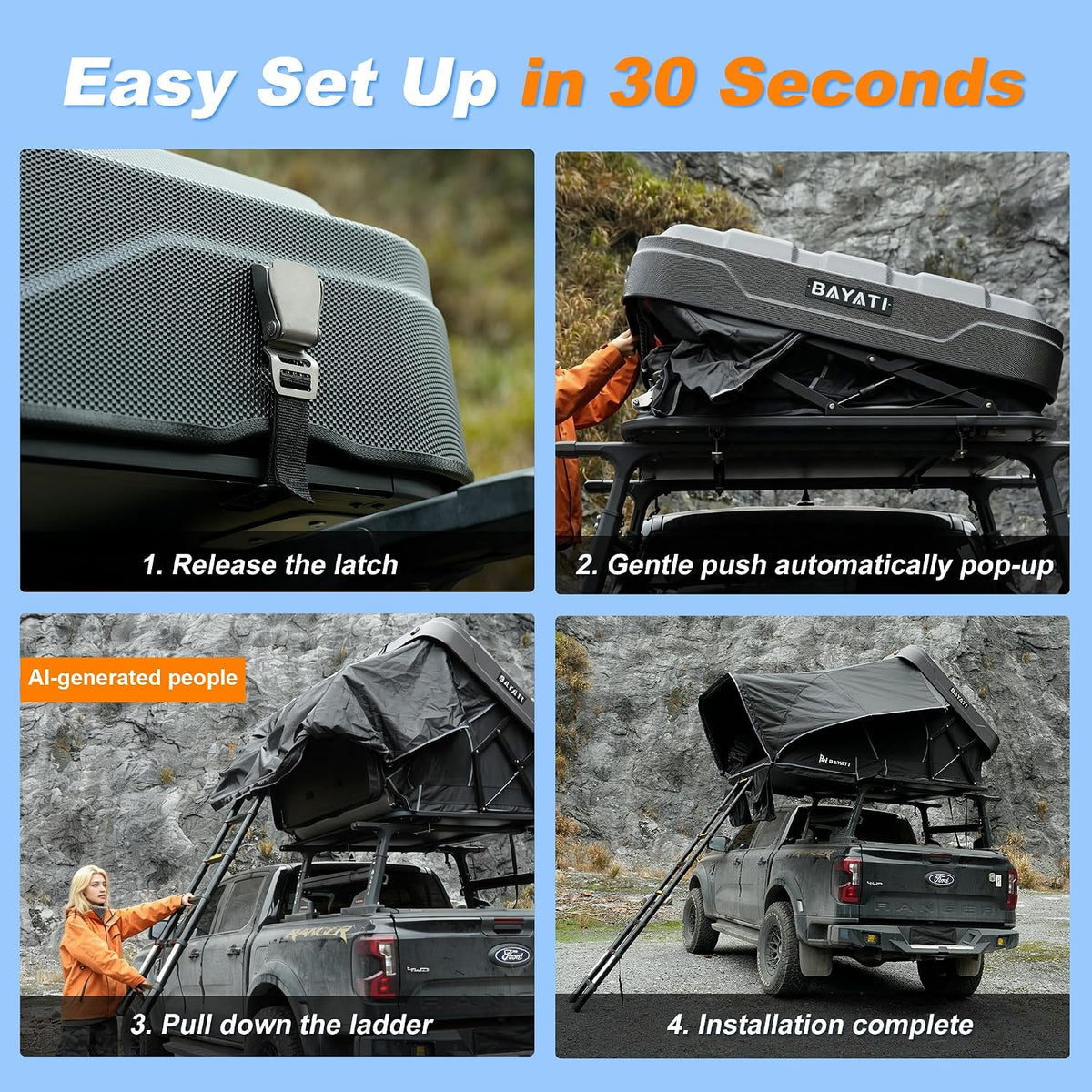 Rooftop Tent Hard Shell, Easy Set up Pop up Tent for 2-4 Person