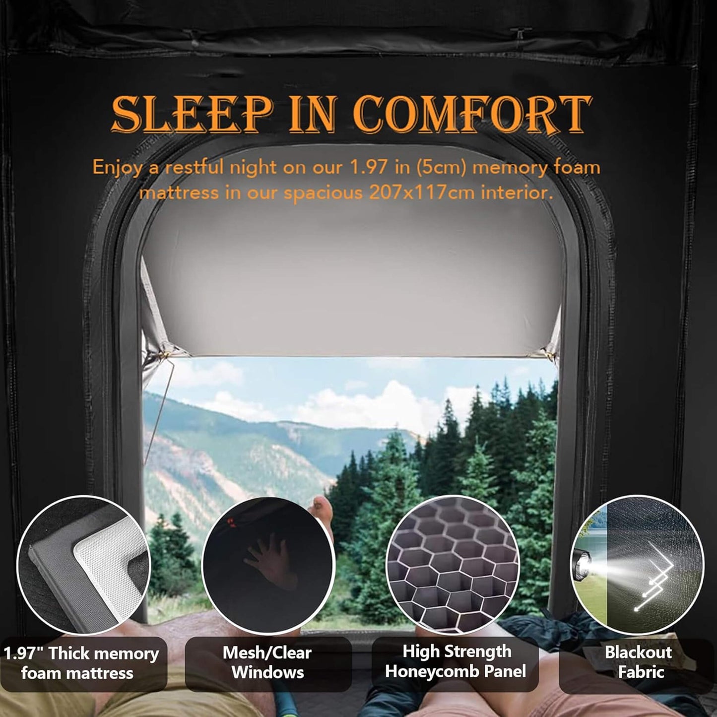 Trailora Ridge Heavy-Duty Aluminum Hard-Shell Rooftop Tent With Ladder, LED Lighting, And Memory Foam Mattress